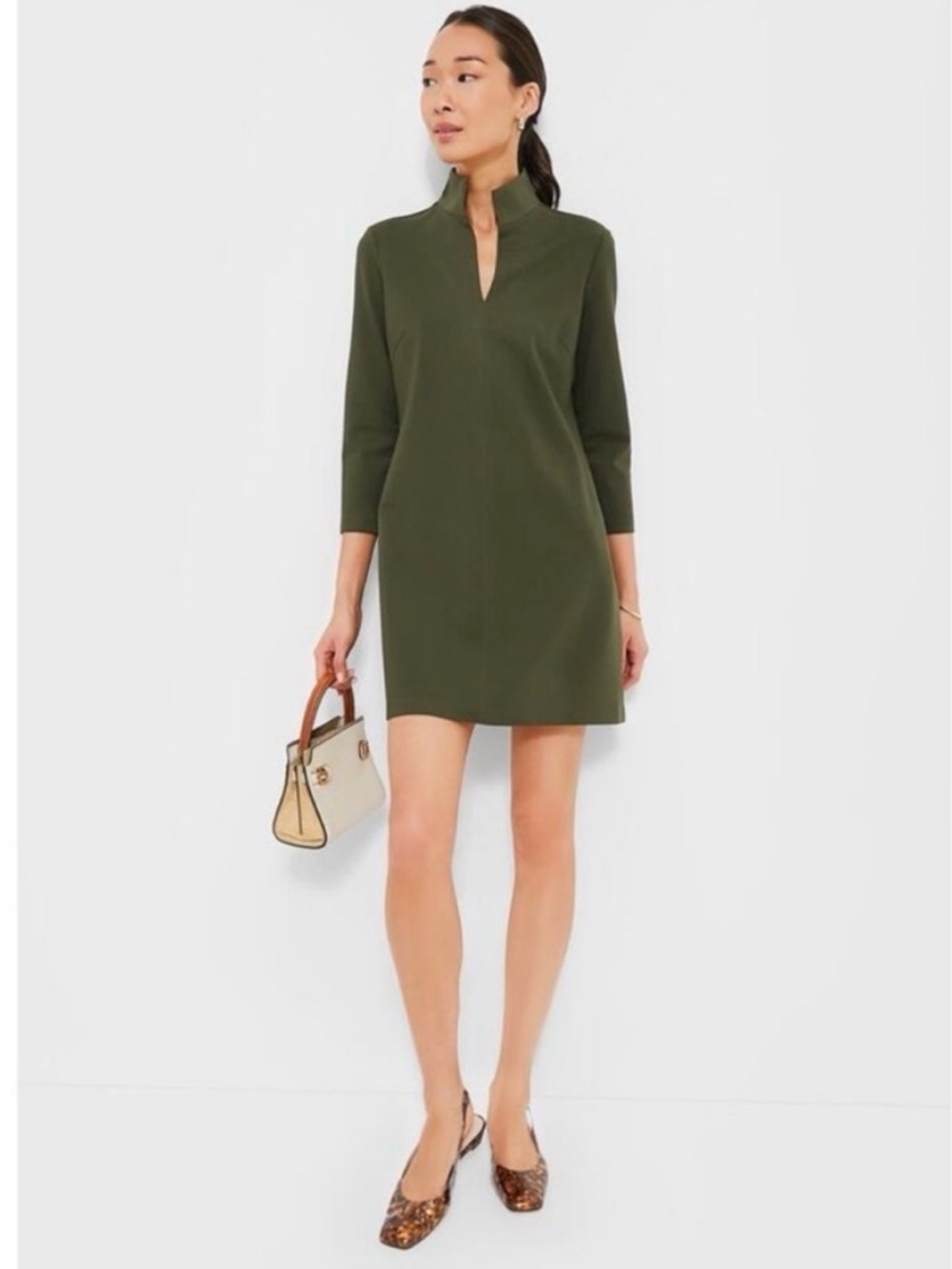 Tuckernuck Ponte Clifton Olive Mini Dress with Three-Quarter Sleeves NWT